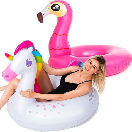 2 Pack Inflatable Flamingo and Unicorn Pool Float Fun Beach Floaties  Swim Party Toys  Summer Pool Raft Lounger for Adults & Kids (Inflates to Over 4ft. Wide)