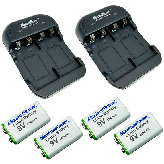 MaximalPower 9V Lithium-ion Rechargeable Batteries and Fast Charger (4 Pack Batteries Two Ports Charger)