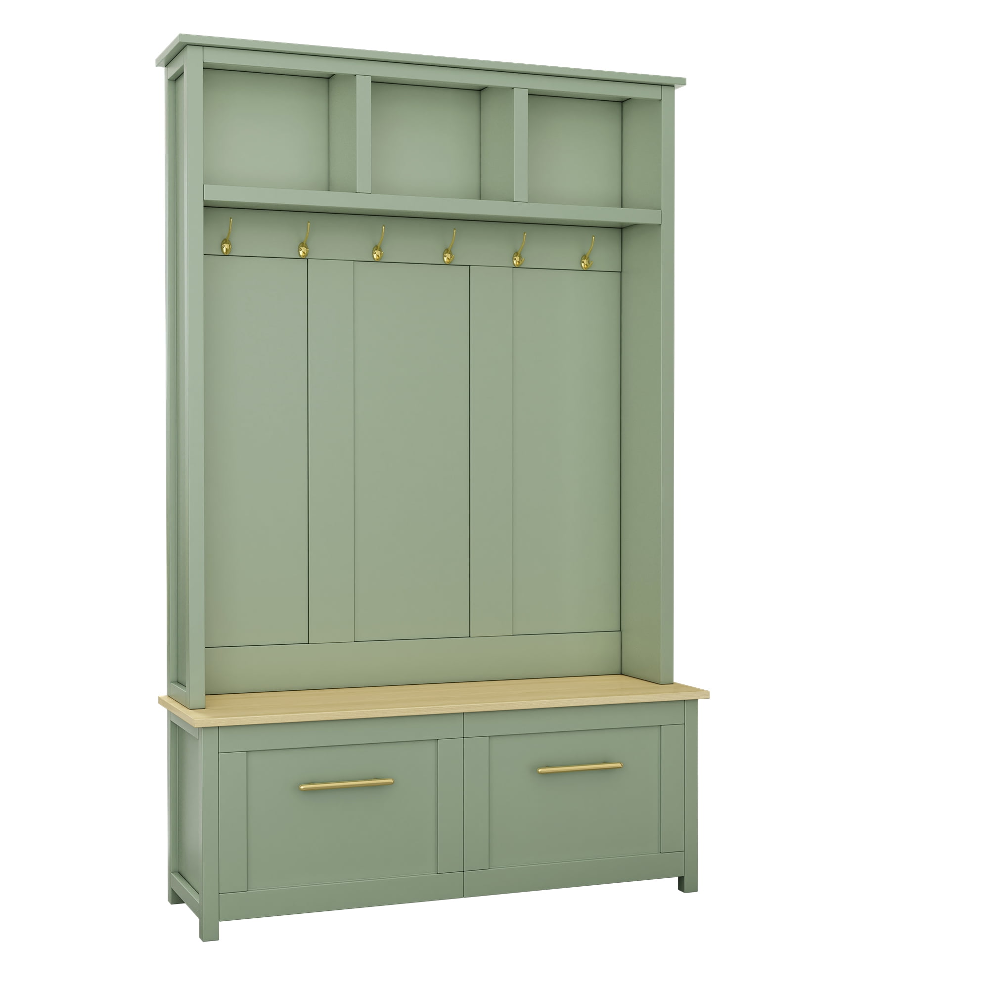 Mintazer 76.6"H Entryway Hall Tree with Bench & 2 Storage Drawers, 4-in-1 Entryway Organizer with Open Hutch Cubbies & 6 Golden Hooks for Mudroom Hallway, Green