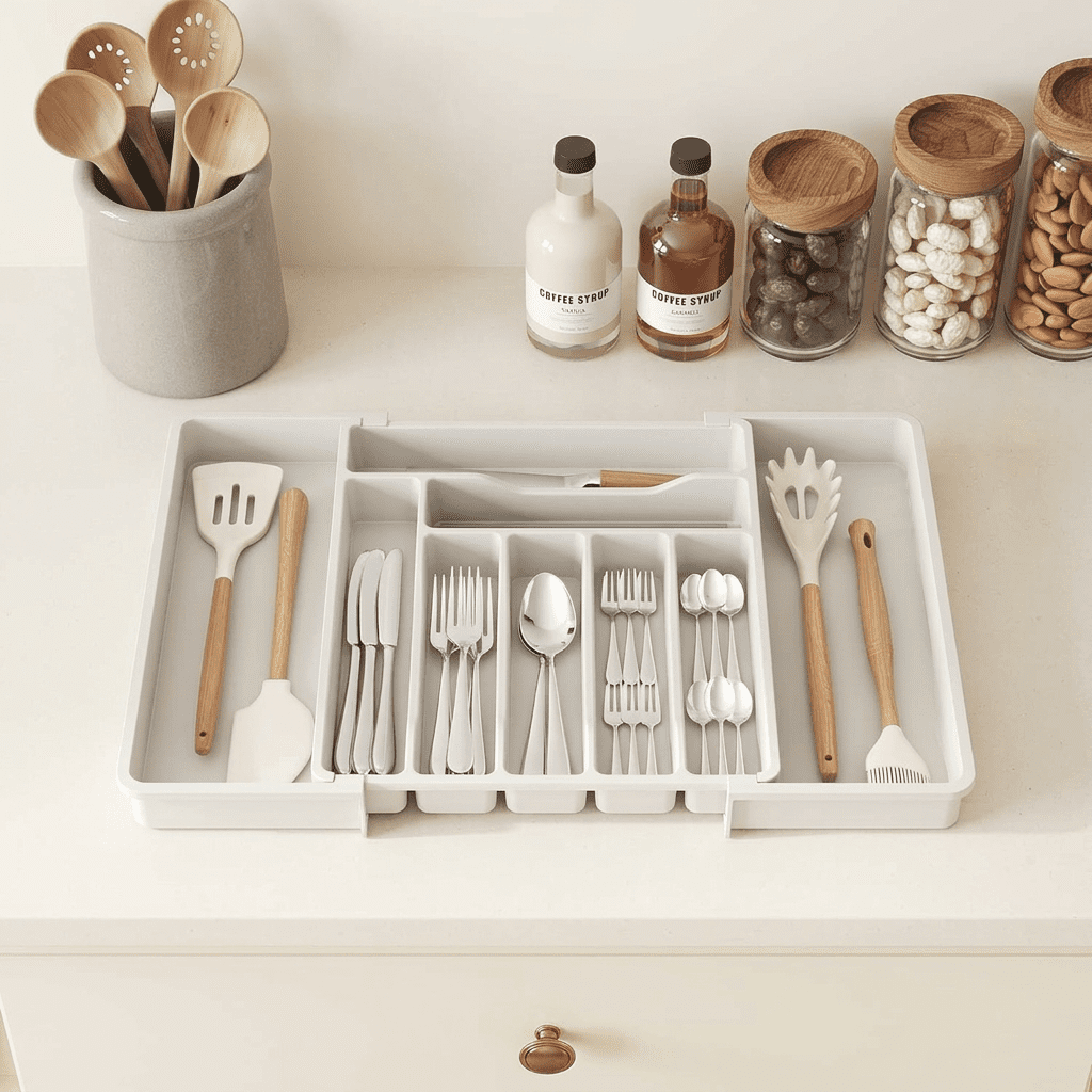 Norcho Expandable Utensil Organizer Drawer, Adjustable Cooking Silverware Tray, Plastic Spatula Tools Divider 13-22.4"x15" White