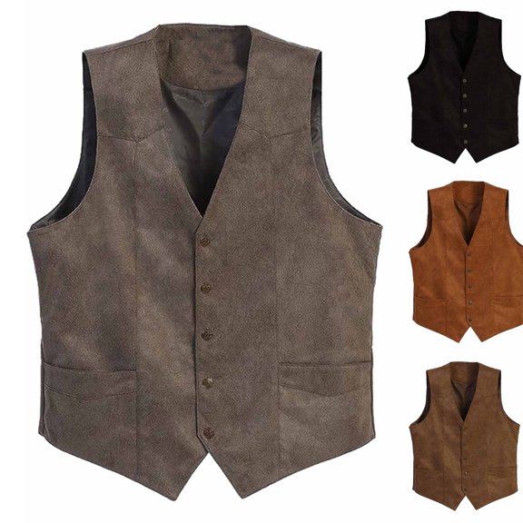 LODIENY Mens 5 Button Faux Suede Vest with Pockets Retro Regular Fit Casual Waistcoat for Prom Husband Gift Daily Wear Brown L