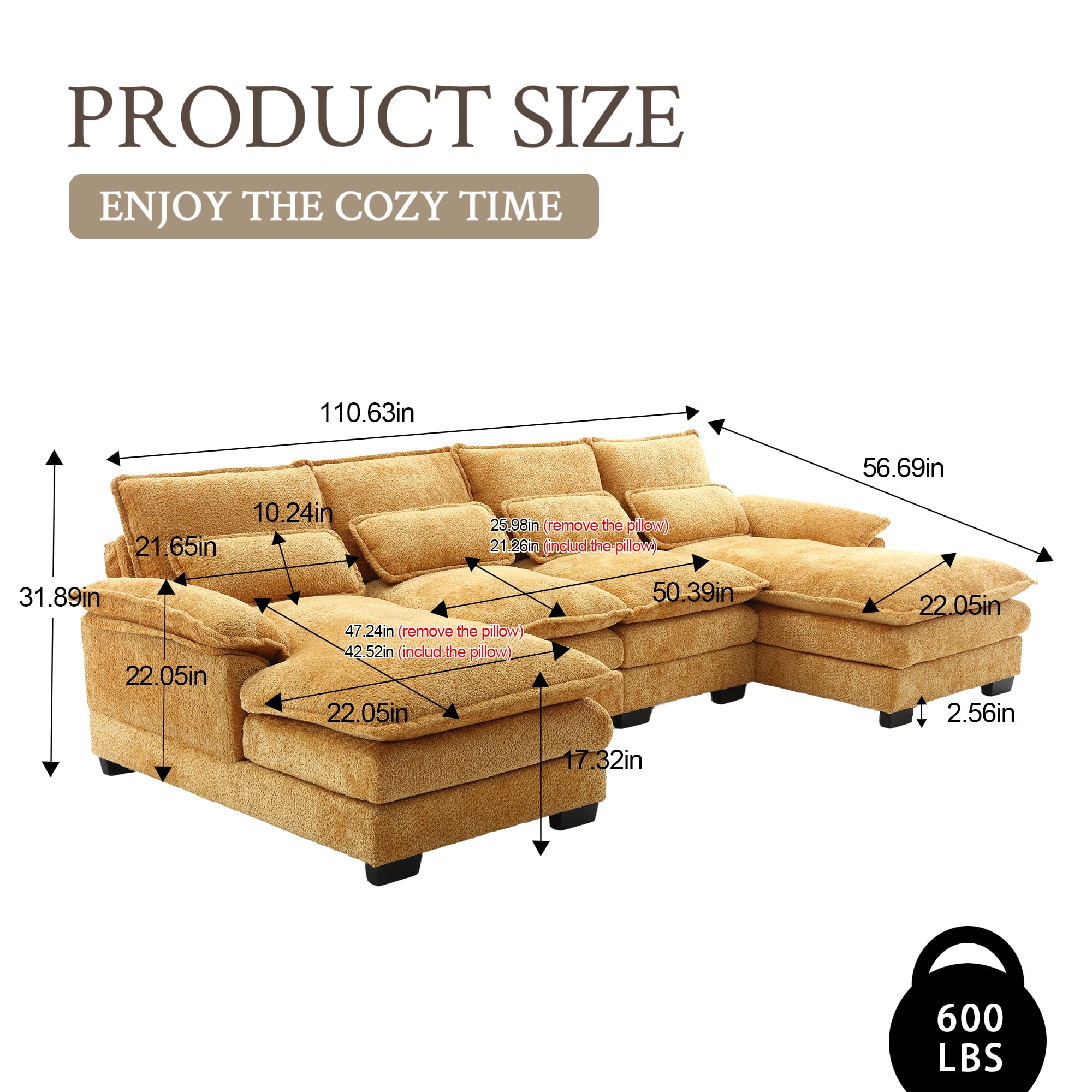 MOONMISS Chenille Upholstered U-Shaped Oversized four-seater Living Room Sectional Sofa With Wooden Frame-Mustard Yellow