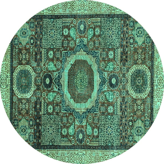 Ahgly Company Machine Washable Indoor Round Abstract Turquoise Blue Modern Area Rugs, 8' Round