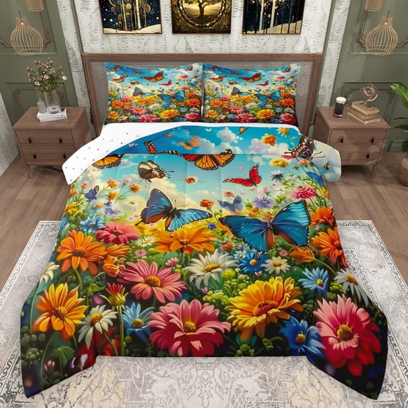 Manfei Colorful Flowers Bedding Comforter Set,Cute Butterflies Twin Comforter Sets,Cute Daisy Floral Bedding Set For Girls Kids,Ultra Soft Home Decor Reversible,2pcs