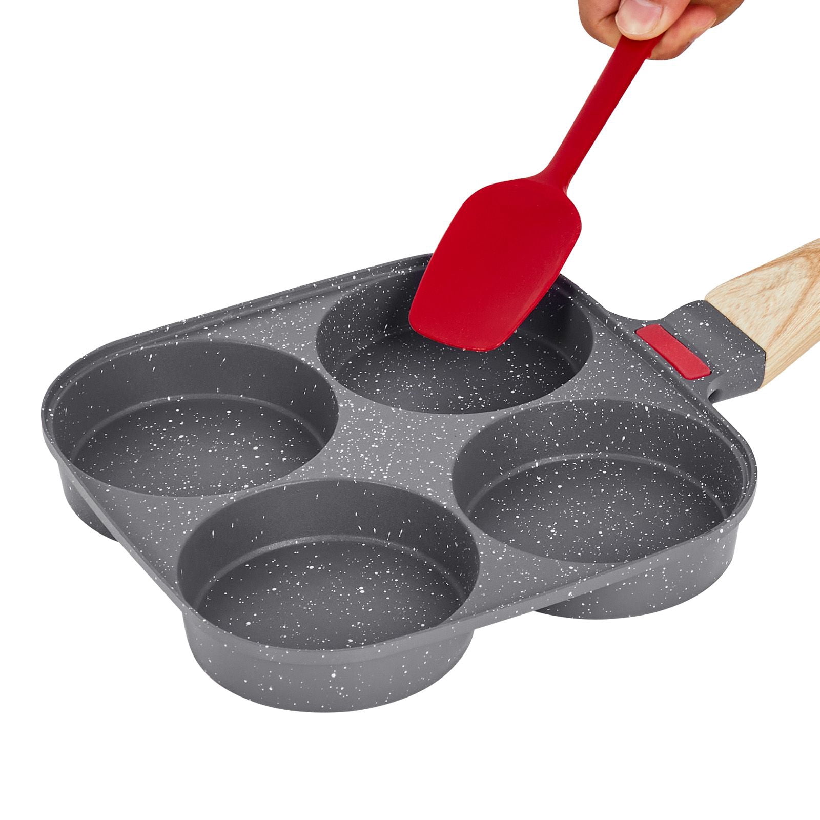Egg Pan, 4-Cup Nonstick Egg Frying Pan, Aluminum Breakfast Omelette Skillet for Pancakes, Hamburgers, Sandwiches, with Lid, Oil Brush, Scraper, Compatible with Gas Stove & Induction Cookware