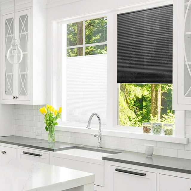 Persianas Plisadas Autoadhesivas, Medias Cortinas Opacas Para Ventana (Negro 90X150Cm)