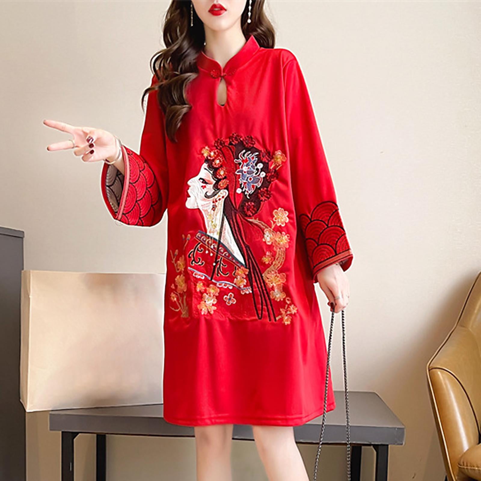 Yinanstore Chinese Cheongsam Dress Knee Length Dress Comfortable Long Sleeve  Trendy Lady Qipao Dress Women Improved Cheongsam for Travel L Red -  Walmart.ca
