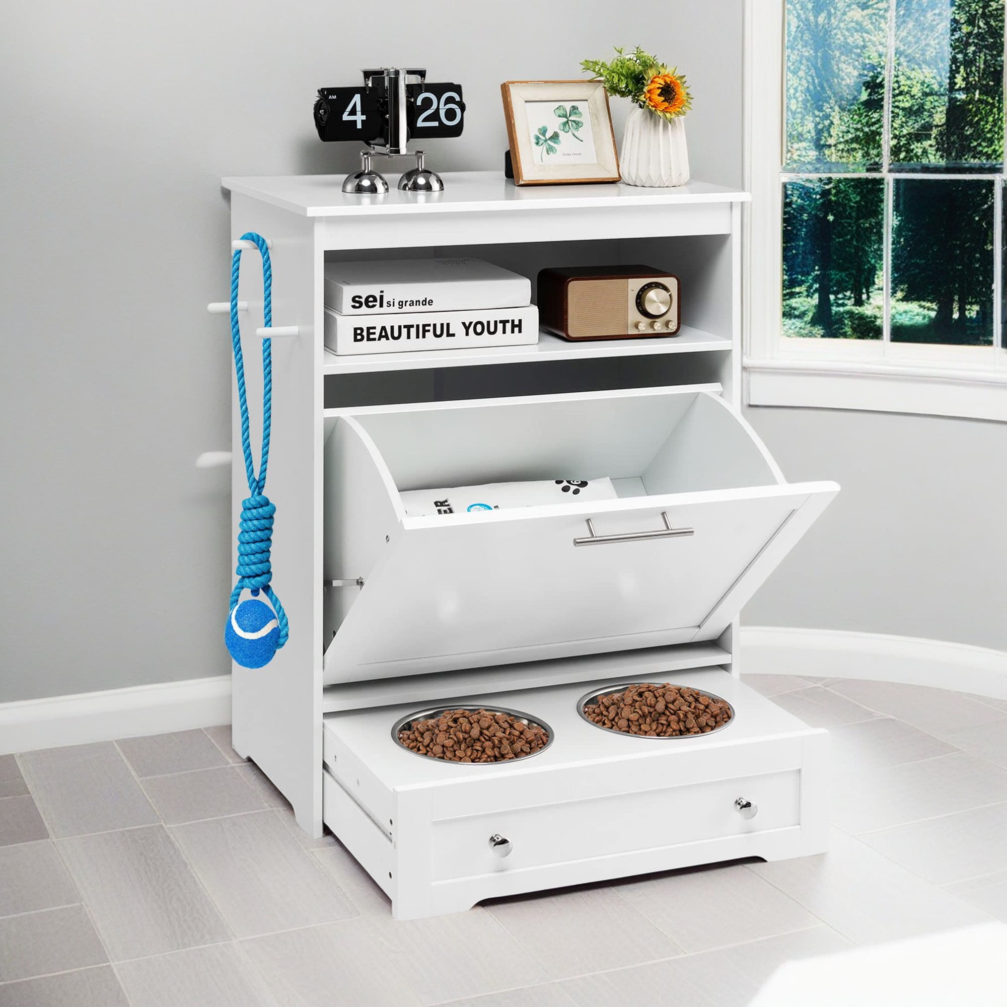 resenkos 32" Dog Feeder Station with Stainless Steel Bowl, Dog Food Storage Container, Pull Out Pet Food Cabinet, White