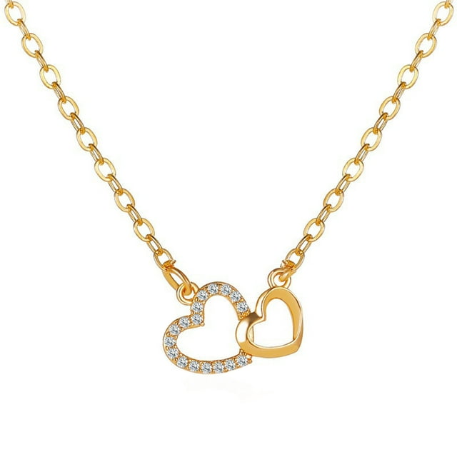Ladies Fashion Diamond Love Necklace Double Peach Heart Pendant Clavicle Chain Necklace