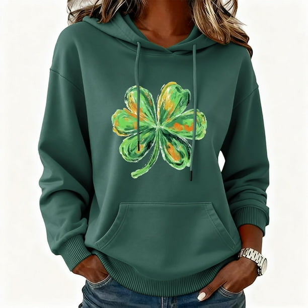Xuyuer Womens St. Patrick's Day Clover Print Hoodie Casual Long Sleeve Sweatshirt Irish Shamrock Pullover Tops Sweatshirts Clover Print Shirts Casual Irish Gift Loose Fit Tops