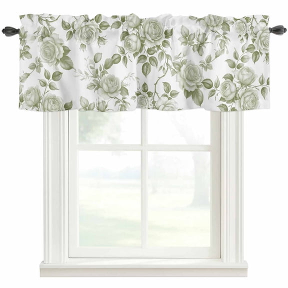 Sage Green Flower Farmhouse Short Window Curtain Valances, Vintage Country Rose Leaf Floral Rod Pocket Kitchen Valances for Living Room Bedroom Bathroom Cafe 42" x 18"