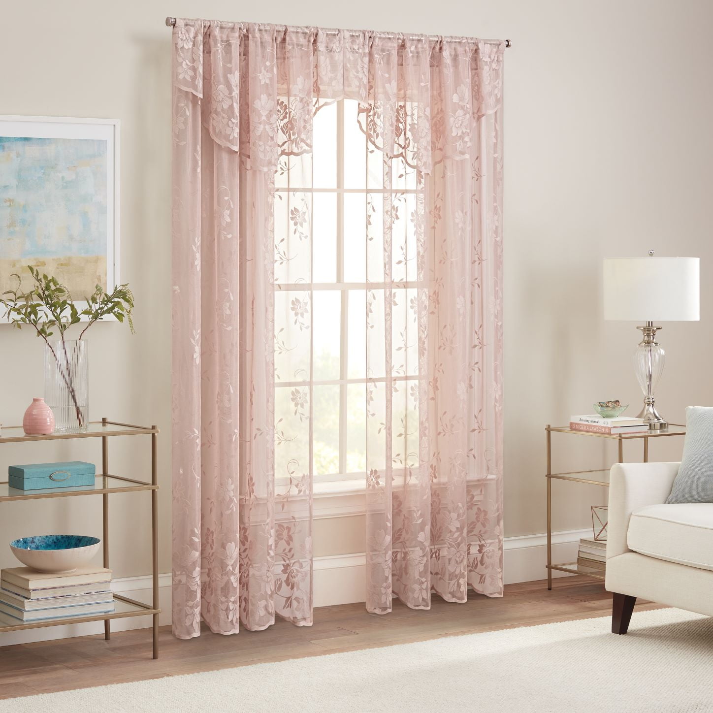 Waverly Sherry Floral Lace Sheer Rod Pocket Curtain Panel, Blush, 54 x 63