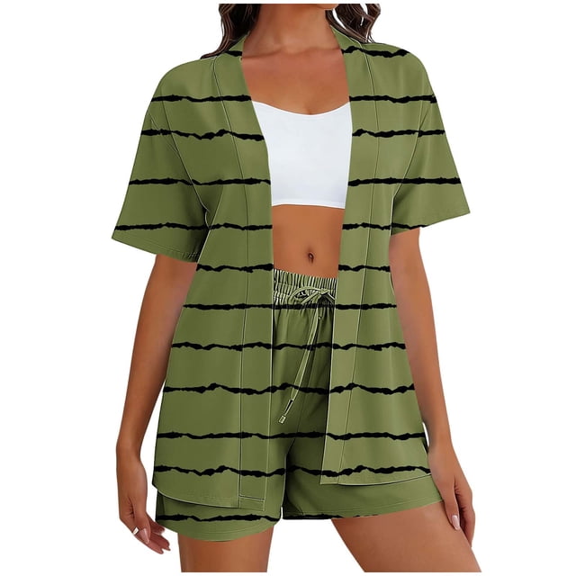 Daiosportswear Ensemble 2 Pcs d'Été à Rayures pour Femmes, Chemise à Manches Courtes Boutonnée, Ensemble 2 Pcs pour Femmes Vert Armée-N S(S)