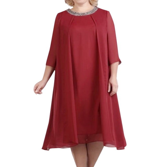 B91xZ Femmes Décontracté Manches Courtes Robe d'Invité de Mariage Élégante Robe de Midi à Manches Courtes Robe Longue Fluide, Rouge XXXL