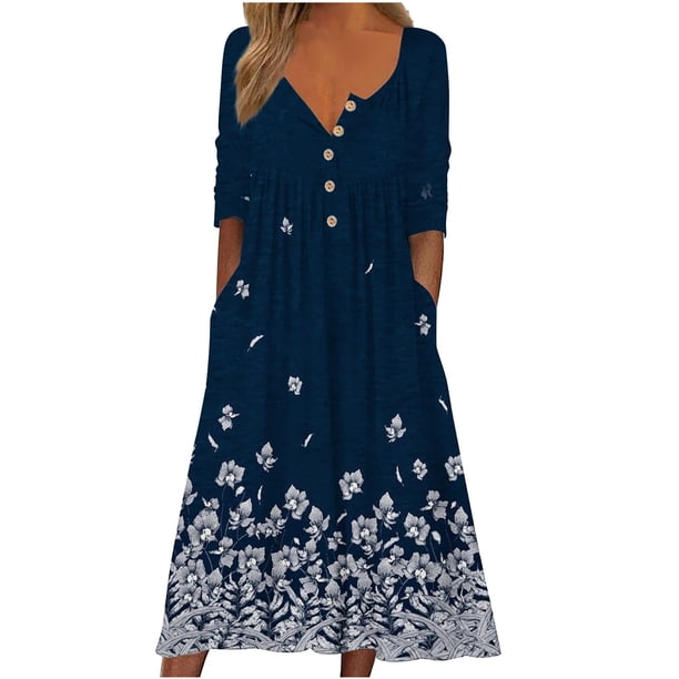 Vestido de mujer Odeerbi Moda Otoño Manga Larga Impresión Casual Cuello en V Botón Vacaciones Bolsillos