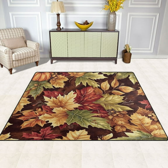 Pumpkin and Leaves 63''x48'' Plush Memory Foam Bath Mat, Soft, Absorbent, Non Slip, Durable