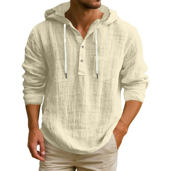 Summer Men's Cotton Linen Shirt Solid Streetwear Long Sleeve Hoodie Clothing For Men Button Tops Casual Loose Men Hooded Shirt