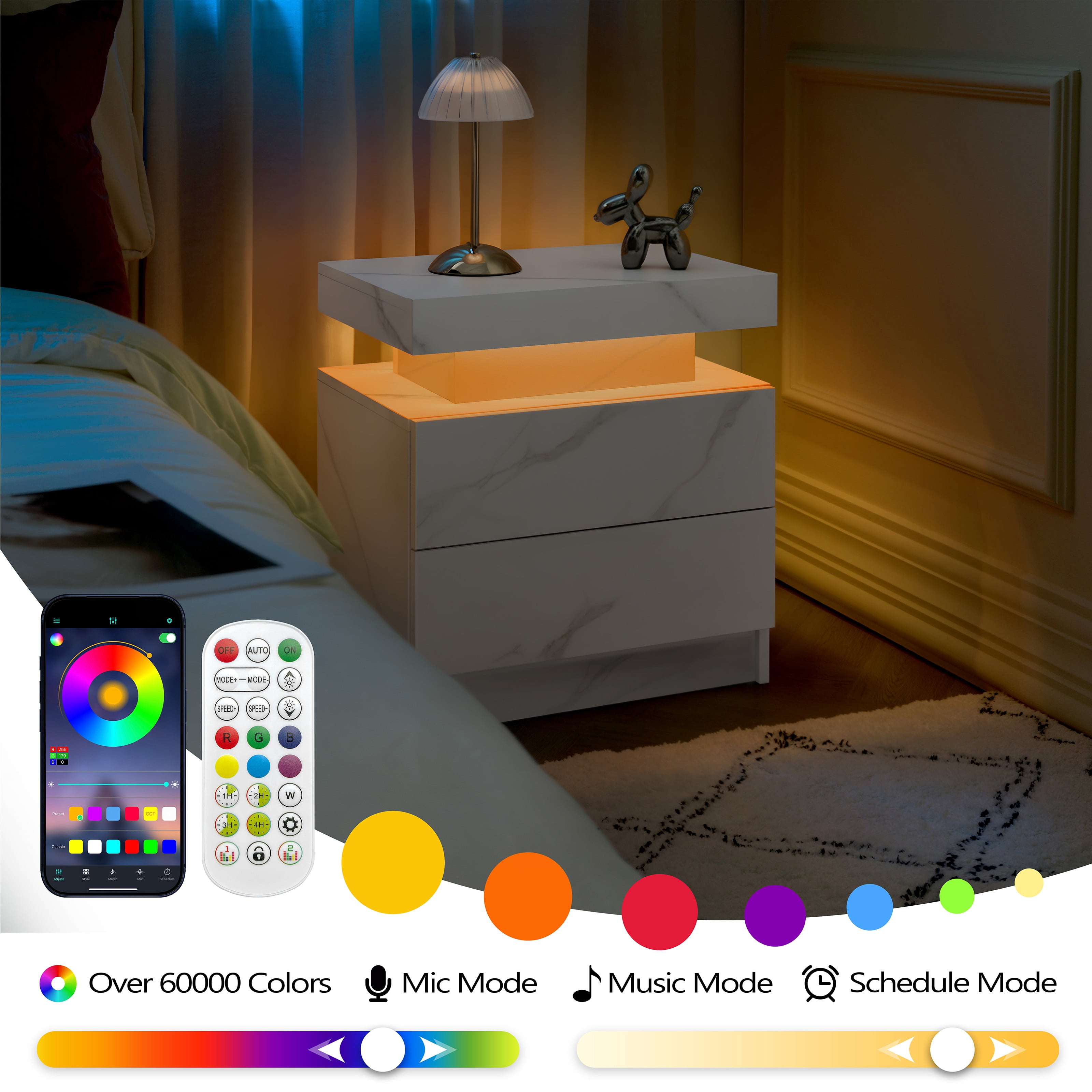 Leumius 2 Drawer Modern Nightstand with LED Light Small Bedside Tables End Side for Bedroom,Matte White