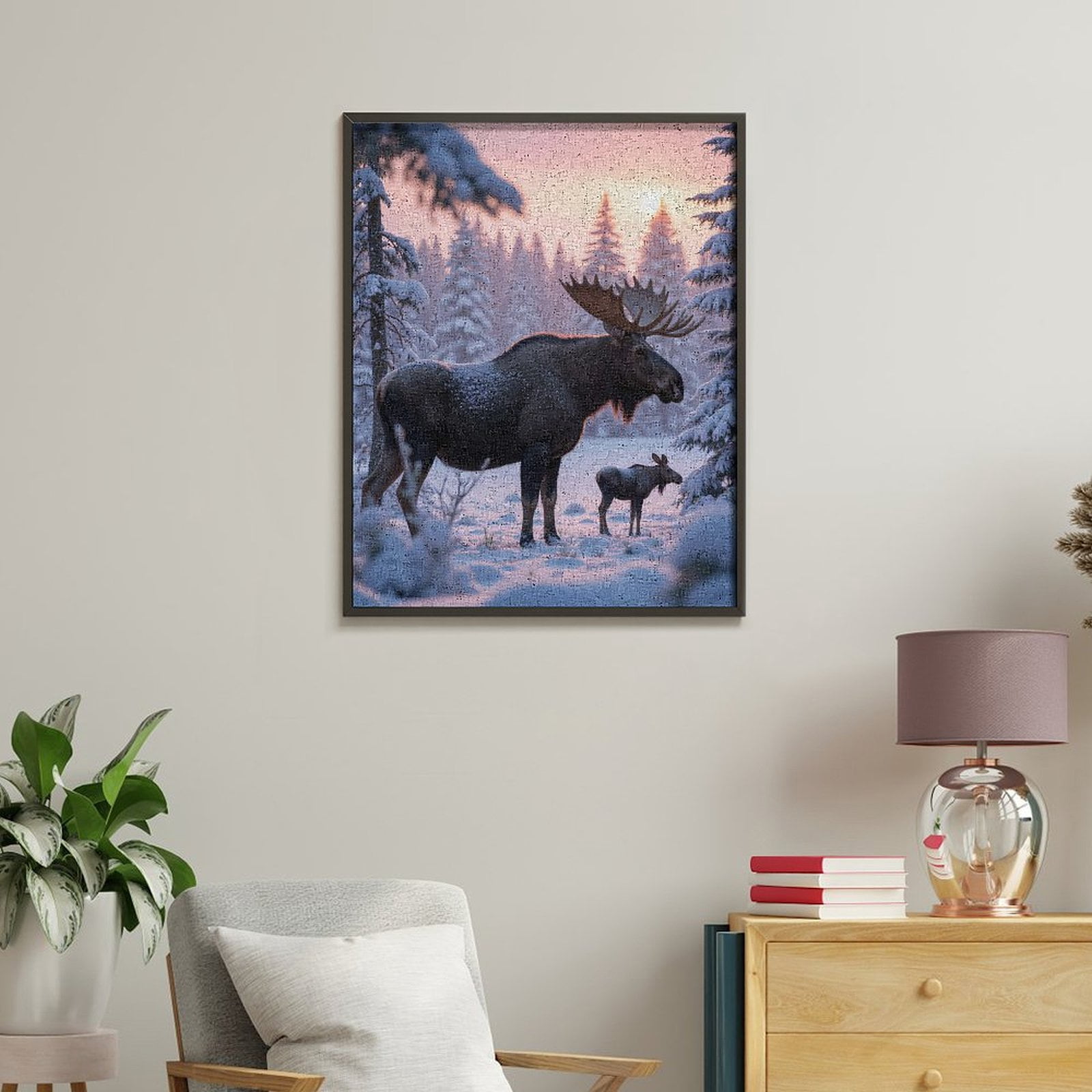 Paint By Numbers Kit for Adults Beginner - Moose Calf Winter Sunrise Snowy Forest DIY Canvas Painting Kits for Adults, Frameless Paint By Number for Adults for Home Wall Decor 16x20 Inch