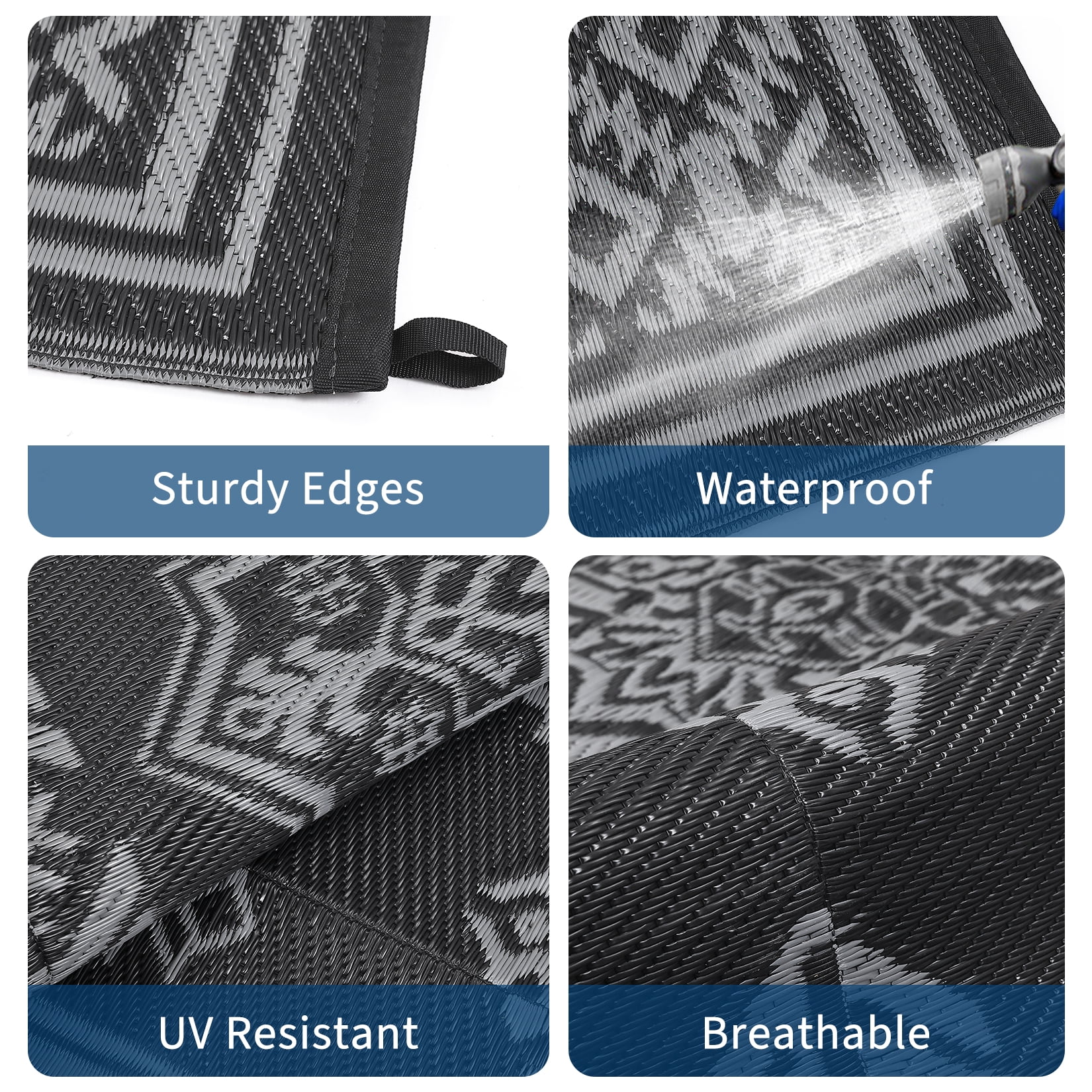 Haperlare 9'x12' Boho Outdoor Rug Plastic Reversible Outdoor Carpet, Waterproof Straw Patio Rug RV Camping Mat with Storage Bag for Deck Porch Beach Backyard, Black Gray