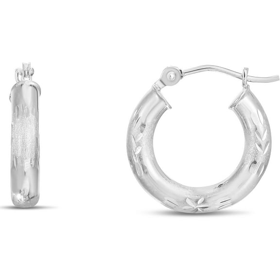 Floreo 14k White Gold 3mm Diamond Cut & Polished Tube Hoop Earrings