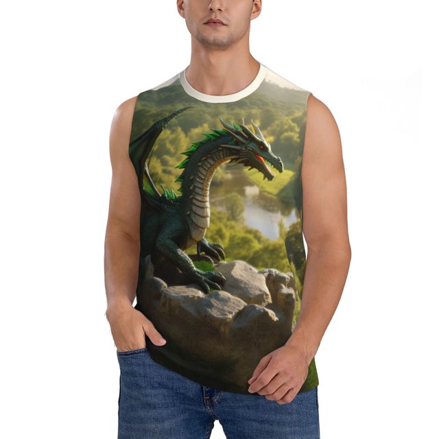 Fotbe Deep Forest Stone Green Dragon Men's Camiseta sin Mangas Estampada para Hombres, Playera Casual para Gimnasio, Entrenamiento, Playa-Small