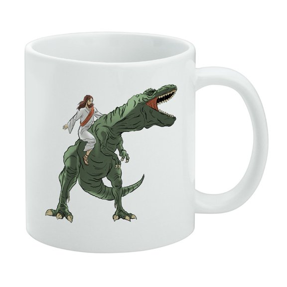 Jesus Riding a T-Rex White Mug