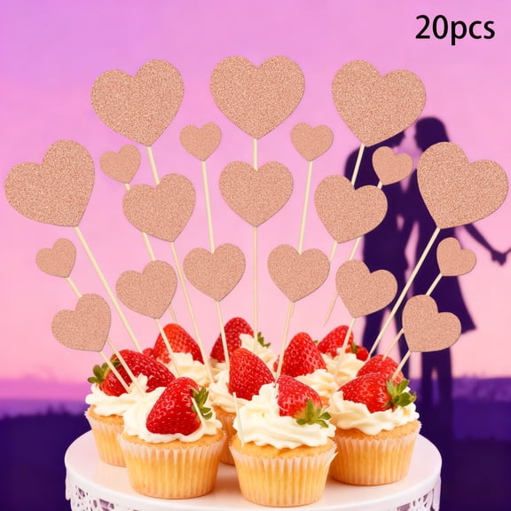 CxhicLuv Valentine's Day Glitter Paper Heart Flag Cake Decoration, 20 Pack, Rose Gold, Red, Silver, Blue, Black Heart-Shaped Toppers for Cakes, Cupcakes, and Valentine's Day Party Decor