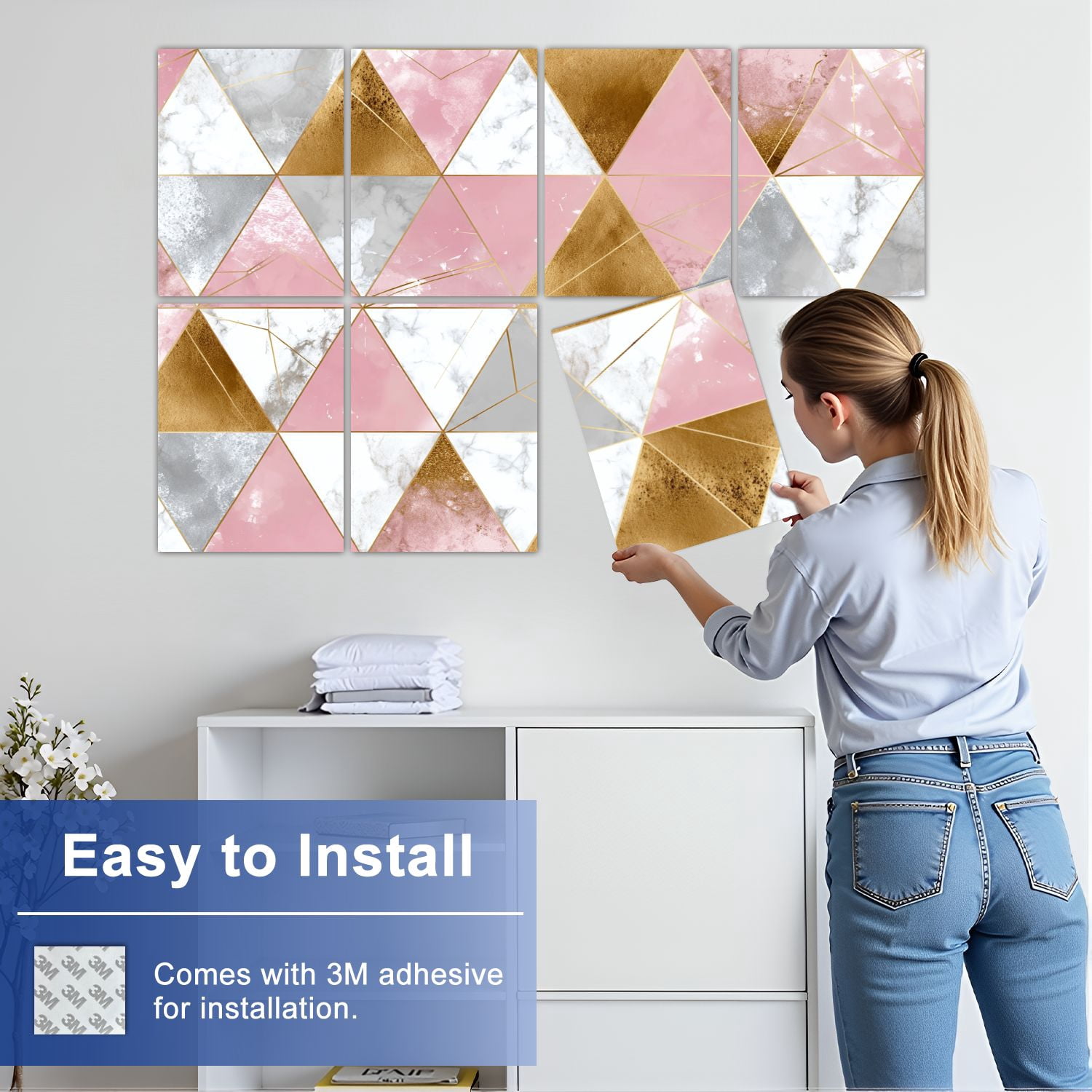 Marble 8 Pack Art Acoustic Panels Sound Absorbing geometric lines rose gold gray pink marble triangles Decorative Soundproof Wall Panels Self Adhesive for Nursery Game Room Bedroom 48"x32"