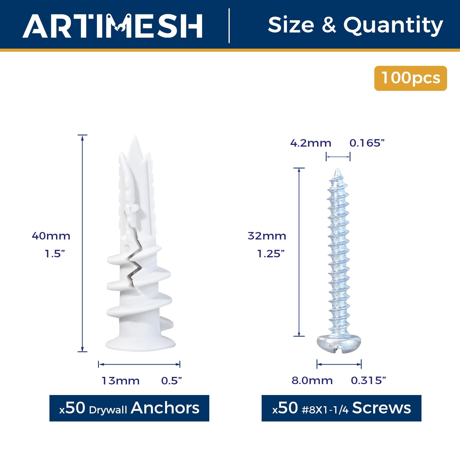 8# 100PCs Self Drilling Drywall Anchors Kit - 75LBs Heavy Duty Plastic Drywall Hangers with 50 Self-Tapping Screws - Mounting Hardware for Sheetrock Anchors