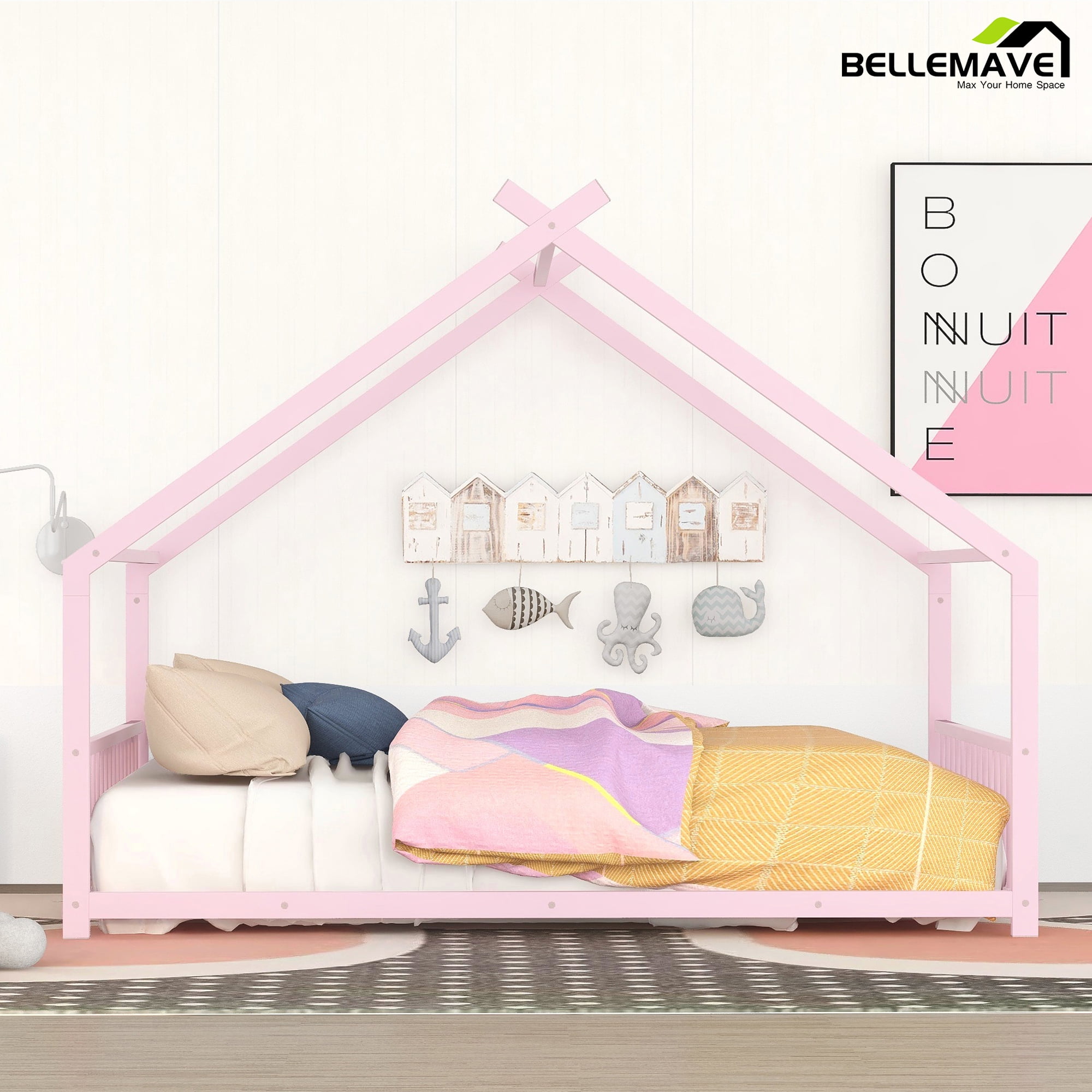 Bellemave Full Size Metal House Bed with Headboard and Footboard Montessori House Bed, Metal Floor Bed with Roof, No Box Spring Needed, Pink