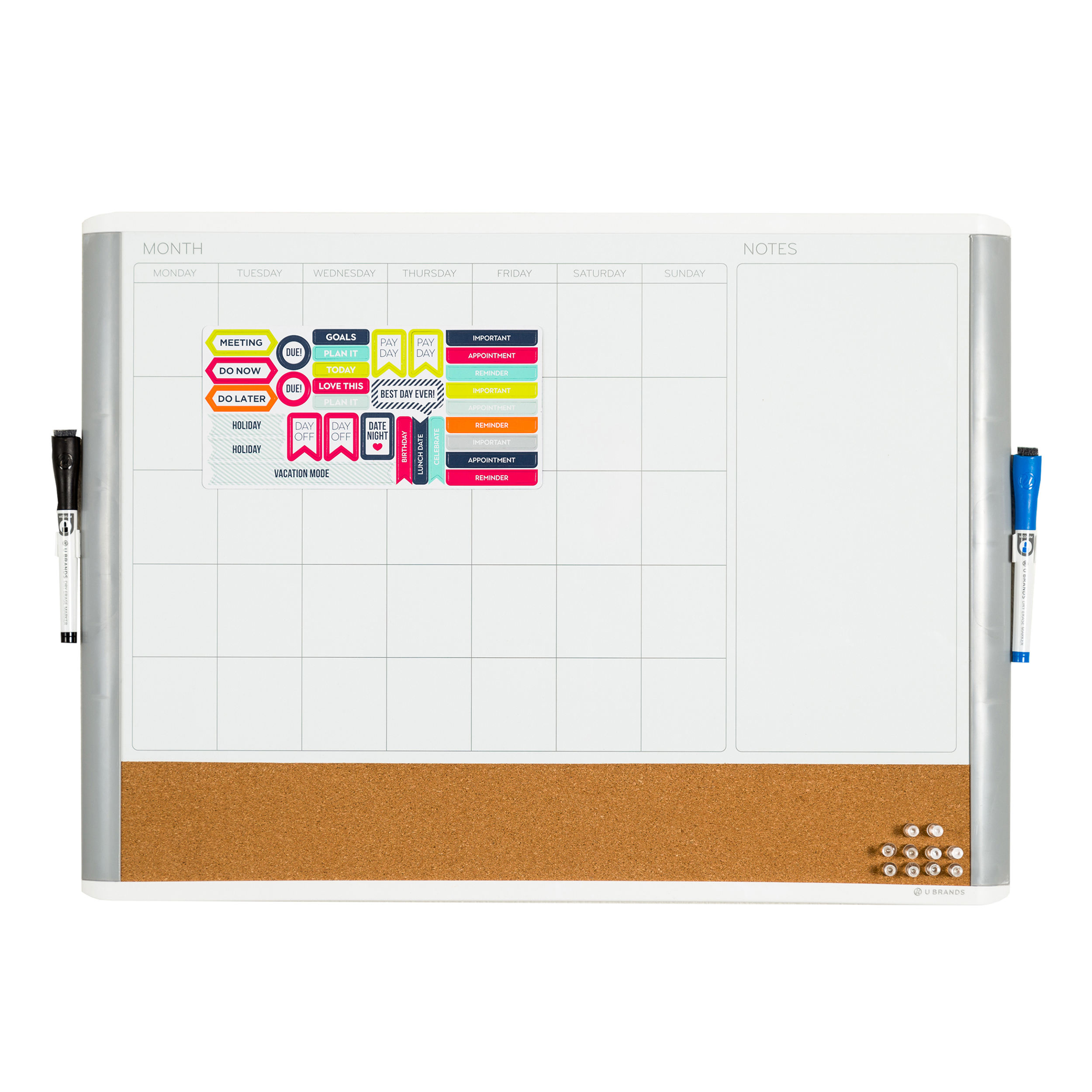 U Brands 3-in-1 Dry Erase Calendar Whiteboard, White and Gray, 3214U