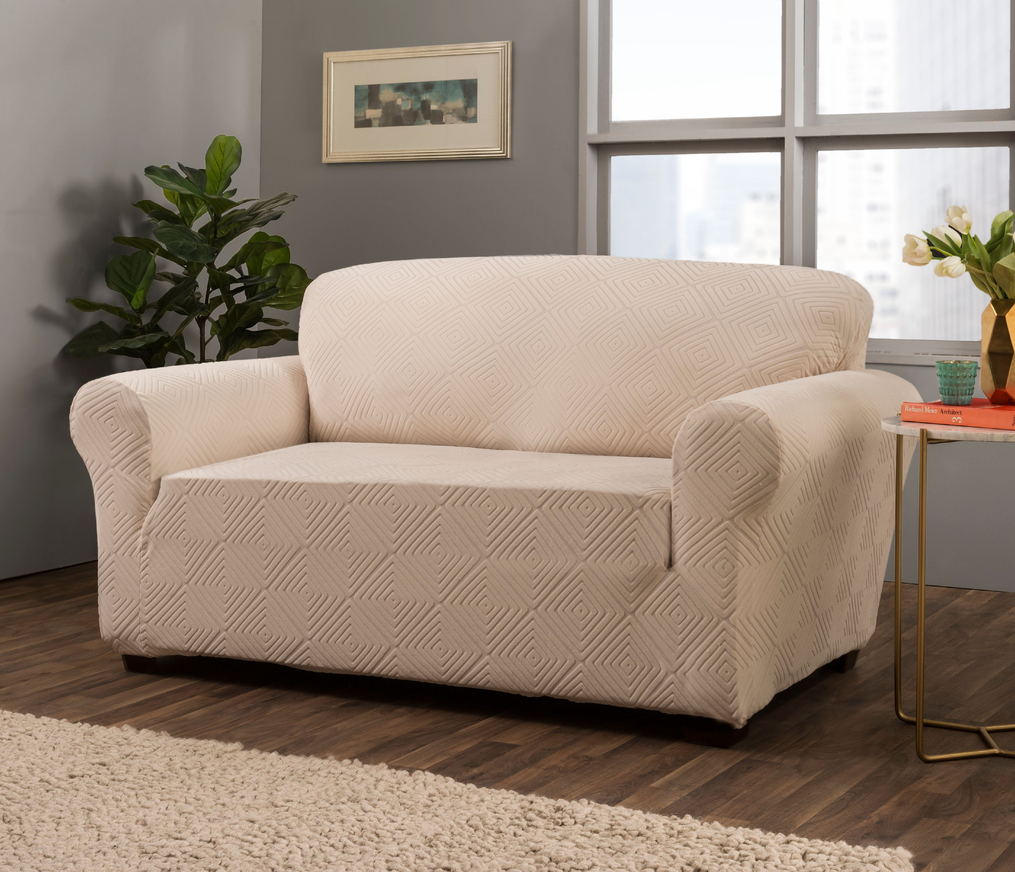 Stretch Sensations 1-Piece Stretch Shapely Diamond Loveseat Slipcover, Ivory