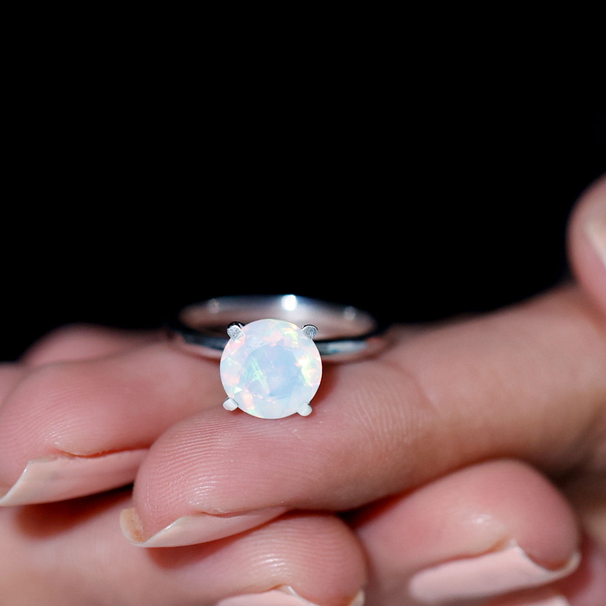 Rosec Jewels Ethiopian Opal Engagement Ring for Women - 2 Carat - October Birthstone Opal Solitaire Ring - AAA Quality, 14K White Gold, US 4.00
