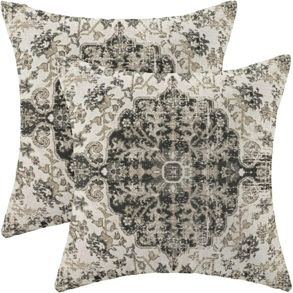 Boho Pillow Covers 18x18 Inch Set of 2,Carpet Pattern Throw Pillows Case,Black White Grey Ethnic Design Outdoor Decorative Square Linen Farmhouse Decor Cushion Covers for Home Sofa Bed Couch