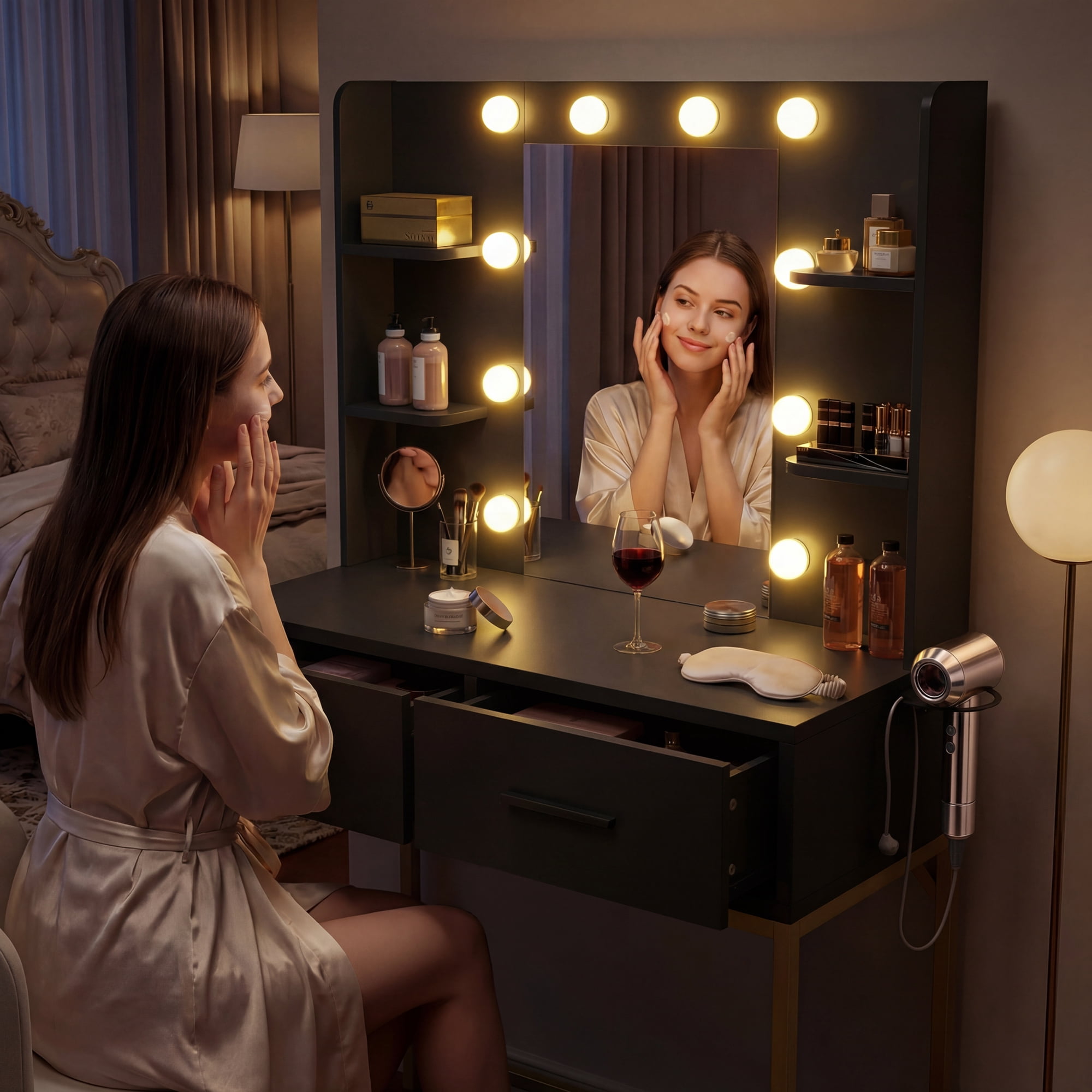 Homall Vanity Desk with Mirror, Power Outlet & LED Lights, Makeup Vanity Table with 2 Drawers & 4 Shelves, Dressing Table for Bedroom Dressing Room, Black