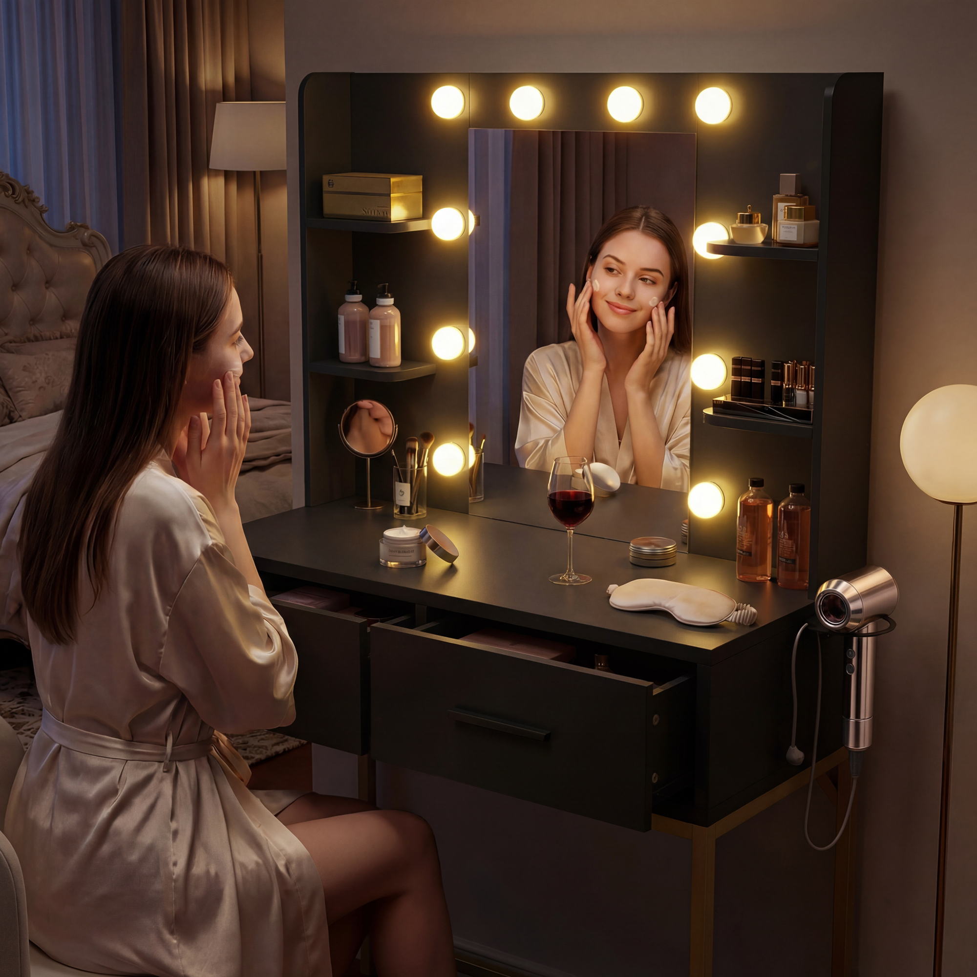 Homall Vanity Desk with Mirror, LED Lights, and Power Outlet, Black photo 3