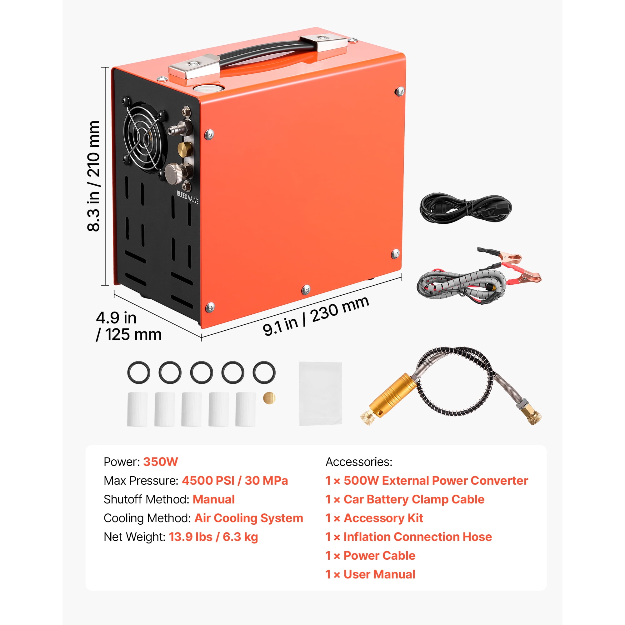 KFFKFF Portable PCP Air Compressor 4500PSI with Manual Stop, 350W DC12V/AC120V, Compact Paintball Tank Compressor for Air Rifles and Diving Bottles