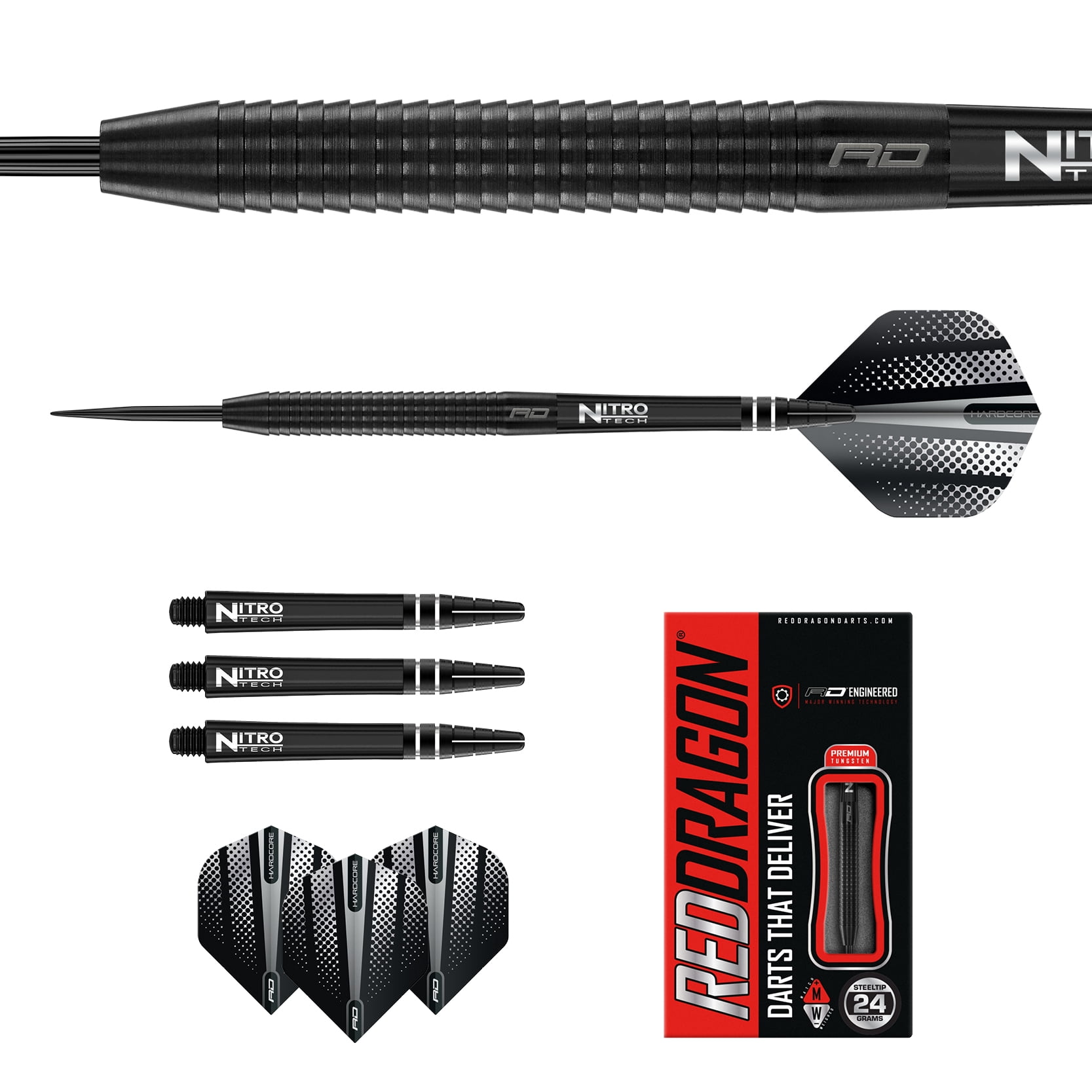 RED DRAGON - Razor Edge Black 24g Tungsten Darts with Flights and Stems