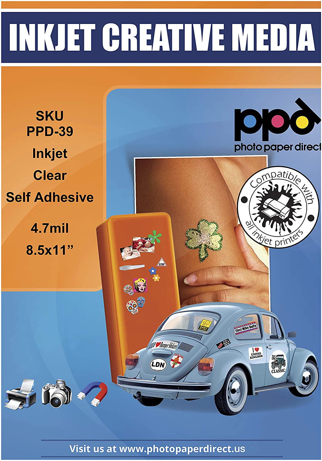 PPD-39-10 PPD Inkjet Clear Creative Self Adhesive Sticker LTR 8.5x11 x 10 Sheets 