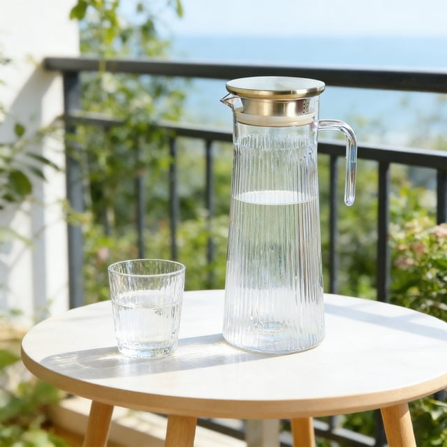 Weloille Pichet d'Eau Froide Transparent à Rayures en PC avec Couvercle en Acier Inoxydable, 1 Pce Pichet d'Eau de Grande Capacité Résistant à la Chaleur, Distributeur Étanche Sans BPA pour la Maison, le Restaurant et le Bureau