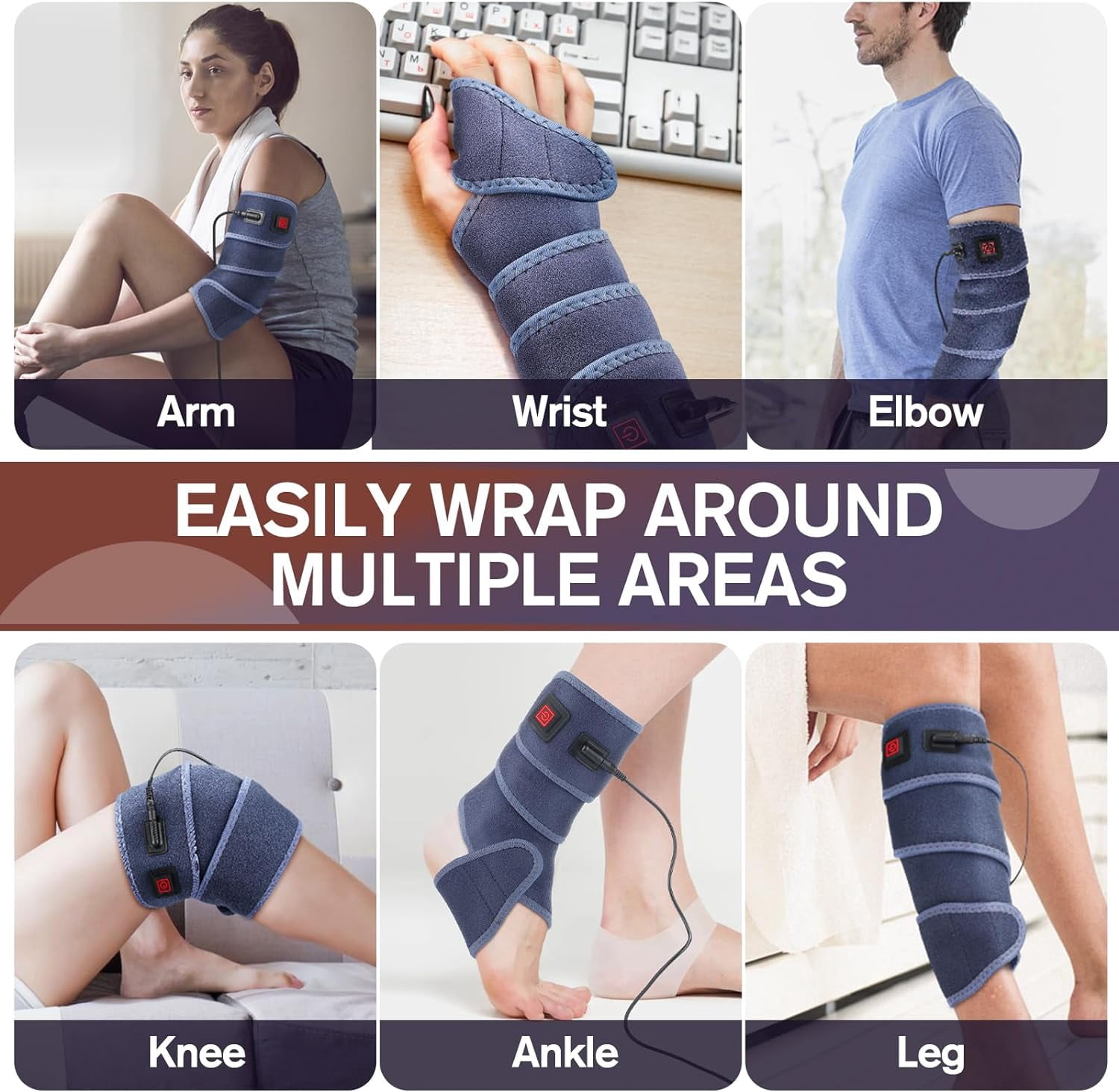 Elbow Heated Pad Wrap for Multiple Body Areas, Flexible Electric Heating Pads for Elbow Arm Wrist Ankle Leg Knee, Fast Heating Body Wrap Heated Brace with 3 Heat Settings and Long 78" Power Cord