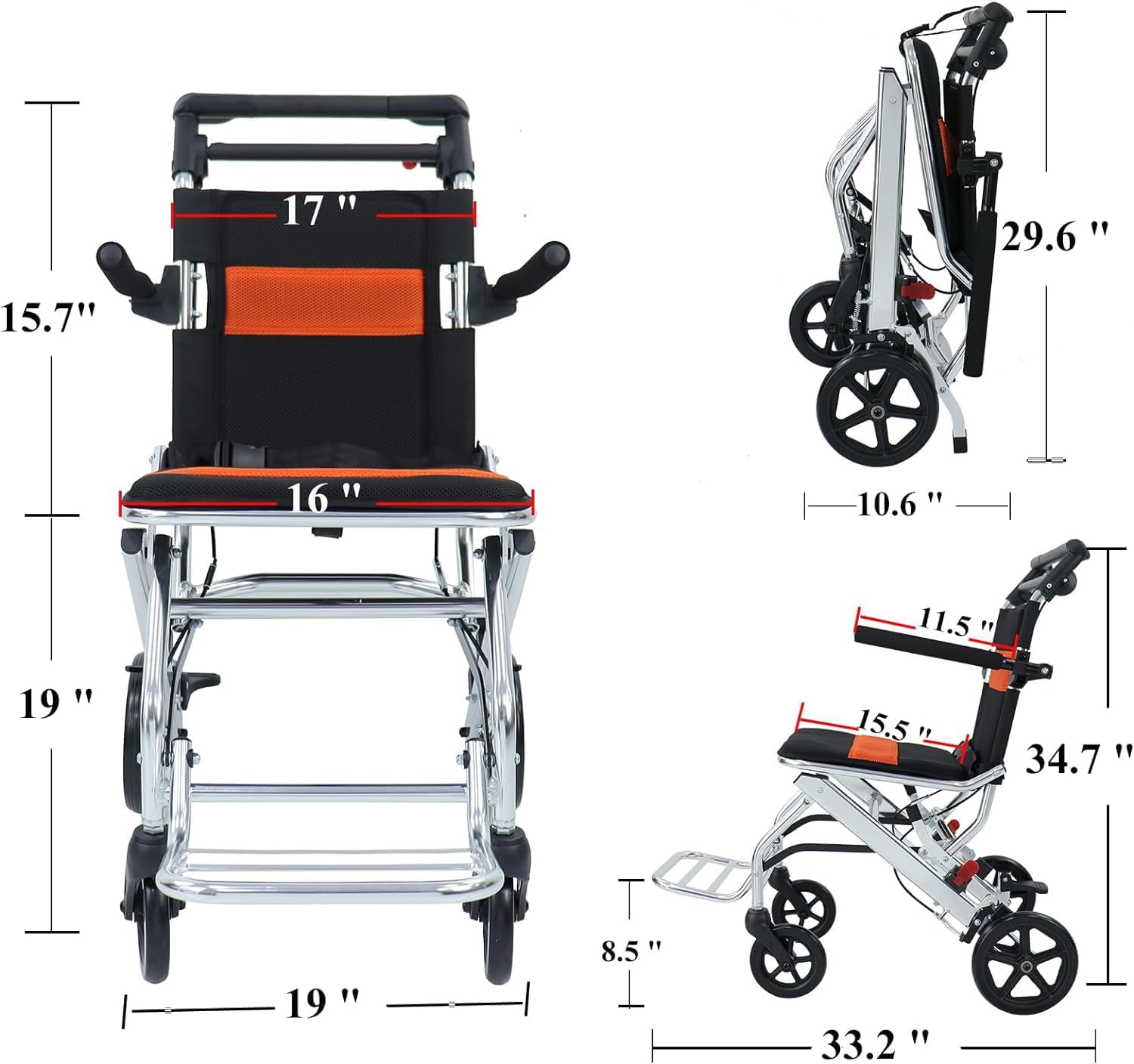 Portable Folding Wheelchair - Travel Wheelchair with Handbrake, Ultra-Light, Ideal for Elderly and Children