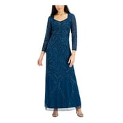 JKARA Womens Teal Beaded Sequined Zippered Lined Long Sleeve Sweetheart Neckline Full-Length Evening Gown Dress 12