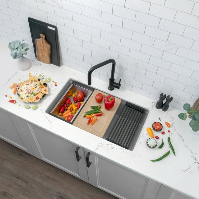 Stylish Dual Mount 32" Gray Composite Granite Single Bowl Kitchen Sink with 4 accs S-832WL