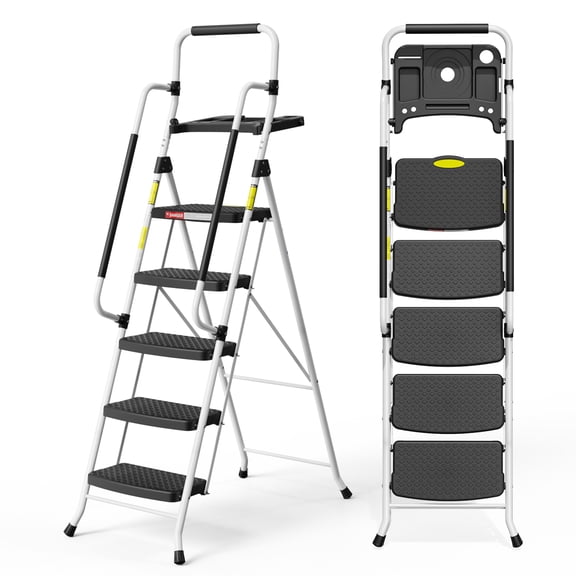 HBTower Folding 5-Step Ladder with Handrails and Tool Tray, Anti-Slip Wide Pedals, Safety Ladder for Adults, White