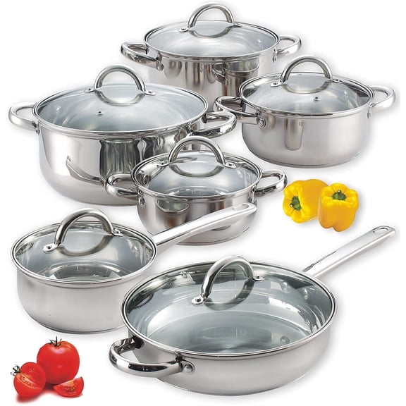 Cook N Home Basics Stainless Steel Cookware Set - Includes Saucepan, Stockpots, Frying Pan with Glass Lids, 12-Piece