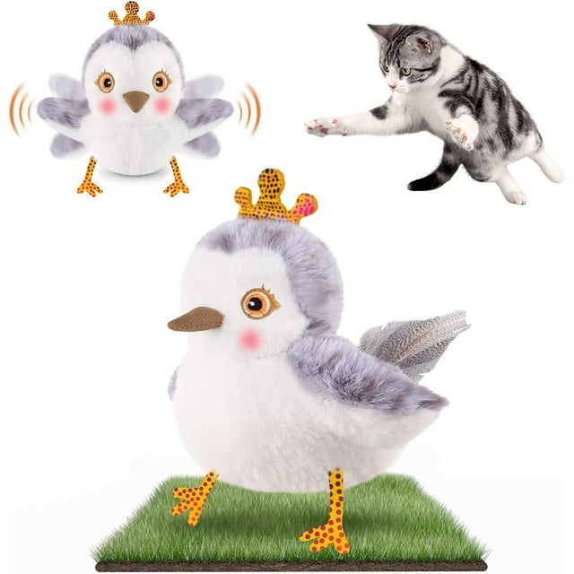 Oiseau Battant Réaliste Bécasseau Chantant Jouet Interactif pour Chat de Toutes Races Jouet à l'Herbe à Chat Rechargeable