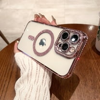 Mantto for iPhone 14 Pro Glitter Magnetic Case Full Camera Len Protector Compatible with MagSafe Charging Transparent Diamond Rhinestone Shockproof Cute Crystal Bling Phone Case,Rosegold