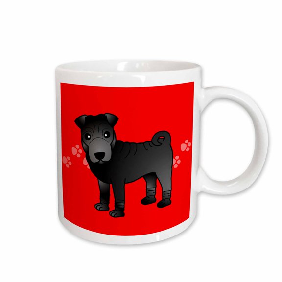 3drose, Cute Chinese Shar Pei Black Coat - Red Paw Prints, 15oz Mug